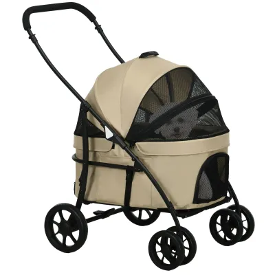 Hundebuggy, Pet Stroller 2 in 1, klappbare Wanne abnehmbar, Kissen, Sicherheitsgurt, 600D Oxford 81 x 68 x 98,5 cm Khaki