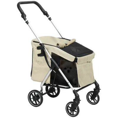 Hundewagen Hundebuggy Hundewagen, für kleine Hunde, waschbares Kissen, Netzfenster, Khaki