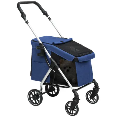Hundewagen Hundebuggy Hundewagen, für kleine Hunde, waschbares Kissen, Netzfenster, blau