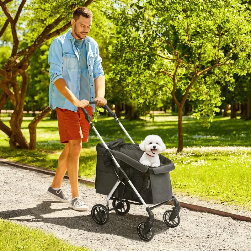 Hundebuggy Hundewagen faltbar – leicht, waschbares Kissen, Netzfenster, Grau