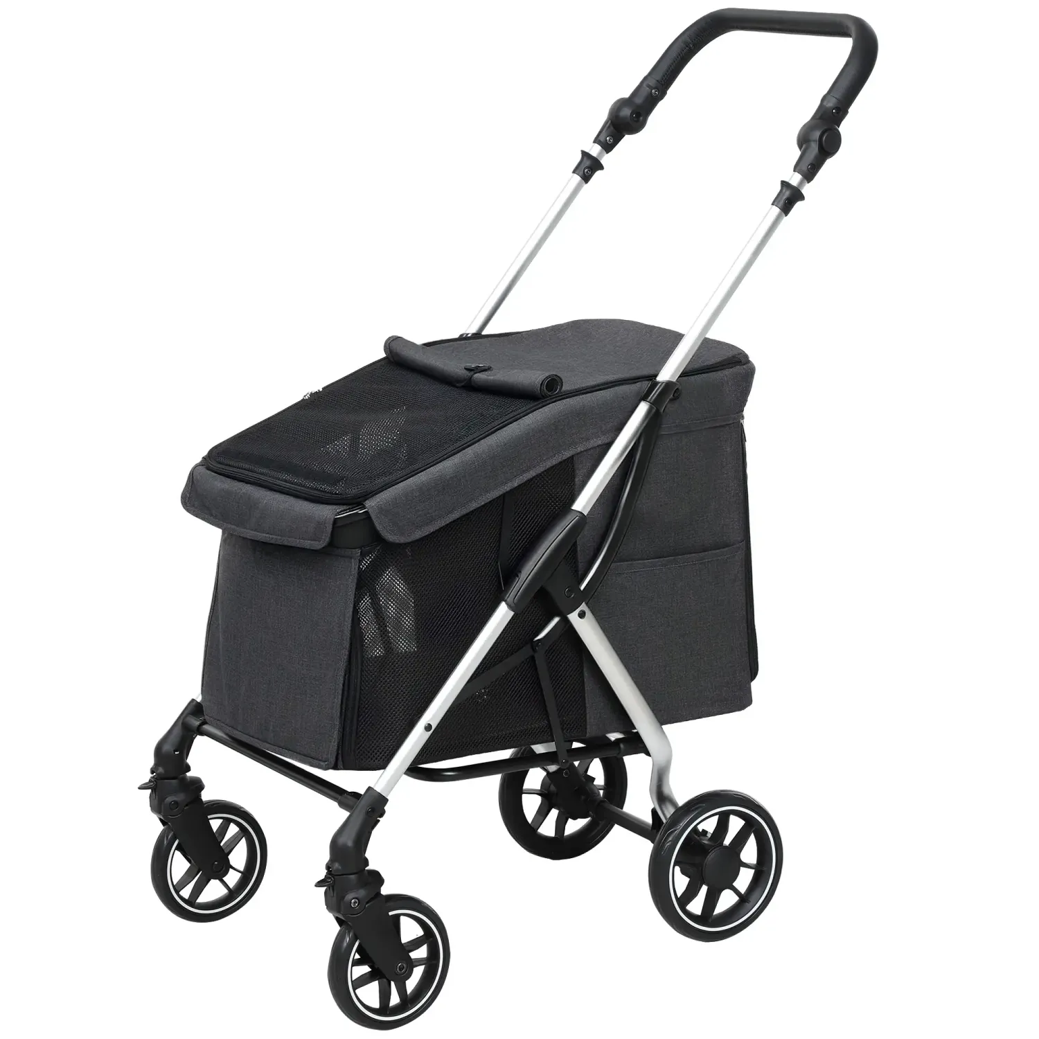 Hundewagen Hundebuggy Hundewagen, für kleine Hunde, waschbares Kissen, Netzfenster, grau