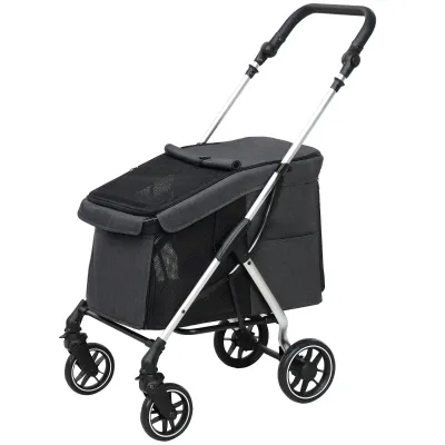 Hundewagen Hundebuggy Hundewagen, für kleine Hunde, waschbares Kissen, Netzfenster, grau