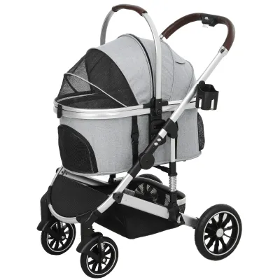 Hundewagen 3 in 1 Hundebuggy klappbar bis 10 kg mit Kissen Becherhalter Hellgrau