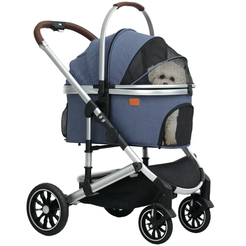 Hundewagen 3 in 1 Hundebuggy klappbar bis 10 kg mit Kissen Becherhalter Dunkelblau