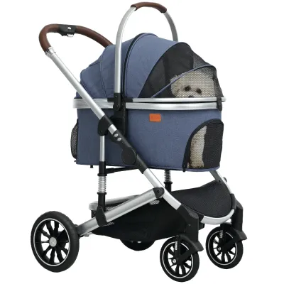 Hundewagen 3 in 1 Hundebuggy klappbar bis 10 kg mit Kissen Becherhalter Dunkelblau