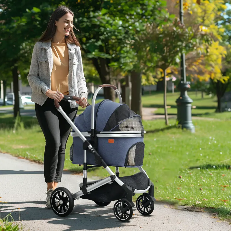 Hundebuggy Hundewagen 3-in-1 – klappbar, bis 10kg, Becherhalter, Dunkelblau