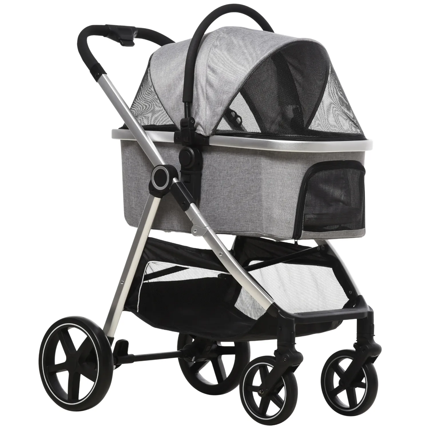 2 in 1 Hundebuggy Hundewagen bis 10 kg Klappbar Tragtasche Bodenkorb 83 cm x 58 cm x 102 cm, Hellgrau