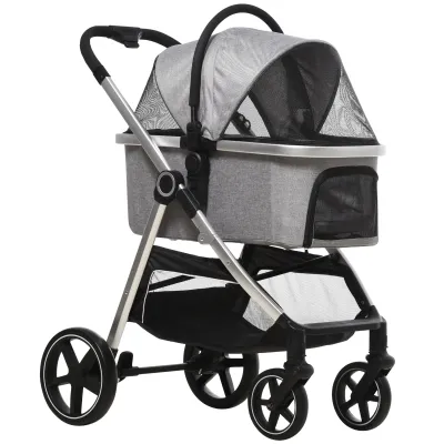2 in 1 Hundebuggy Hundewagen bis 10 kg Klappbar Tragtasche Bodenkorb 83 cm x 58 cm x 102 cm, Hellgrau
