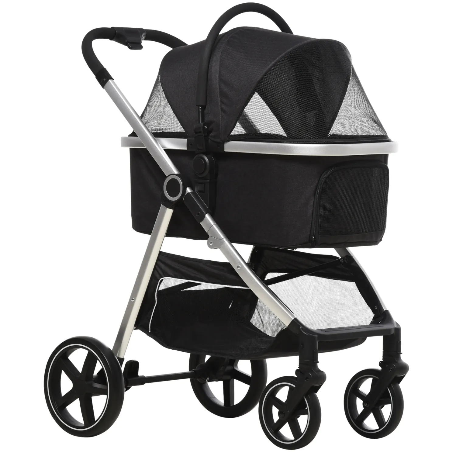 2 in 1 Hundebuggy Hundewagen bis 10 kg Klappbar Tragtasche Bodenkorb 83 cm x 58 cm x 102 cm, Schwarz