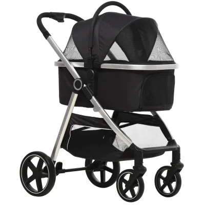 2 in 1 Hundebuggy Hundewagen bis 10 kg Klappbar Tragtasche Bodenkorb 83 cm x 58 cm x 102 cm, Schwarz