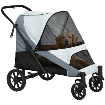 Hundewagen, Faltbarer Hundebuggy für grosse Hunde, Pet Stroller mit 4 Rädern, Sicherheitsleinen, Bremsen, Grau