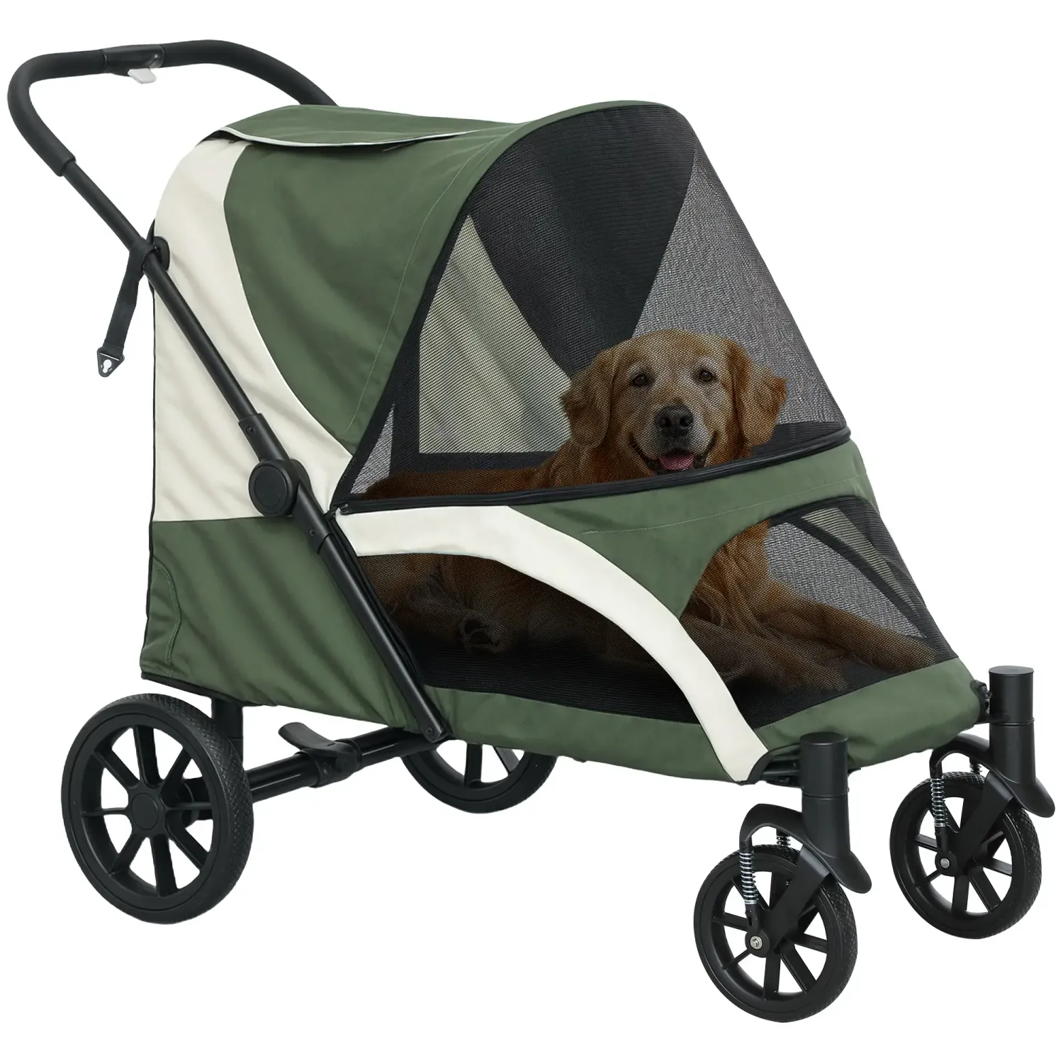 Hundewagen, Faltbarer Hundebuggy für grosse Hunde, Pet Stroller mit 4 Rädern, Sicherheitsleinen, Bremsen, Grün