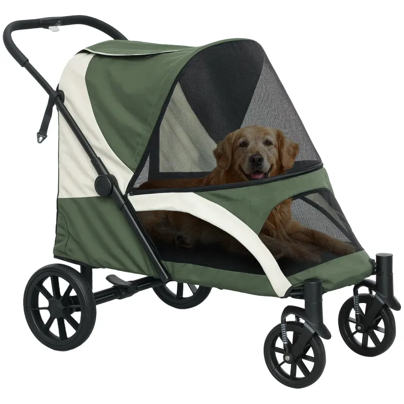 Hundewagen, Faltbarer Hundebuggy für grosse Hunde, Pet Stroller mit 4 Rädern, Sicherheitsleinen, Bremsen, Grün