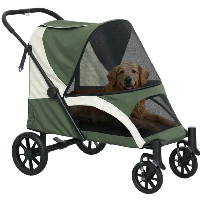Hundewagen, Faltbarer Hundebuggy für grosse Hunde, Pet Stroller mit 4 Rädern, Sicherheitsleinen, Bremsen, Grün