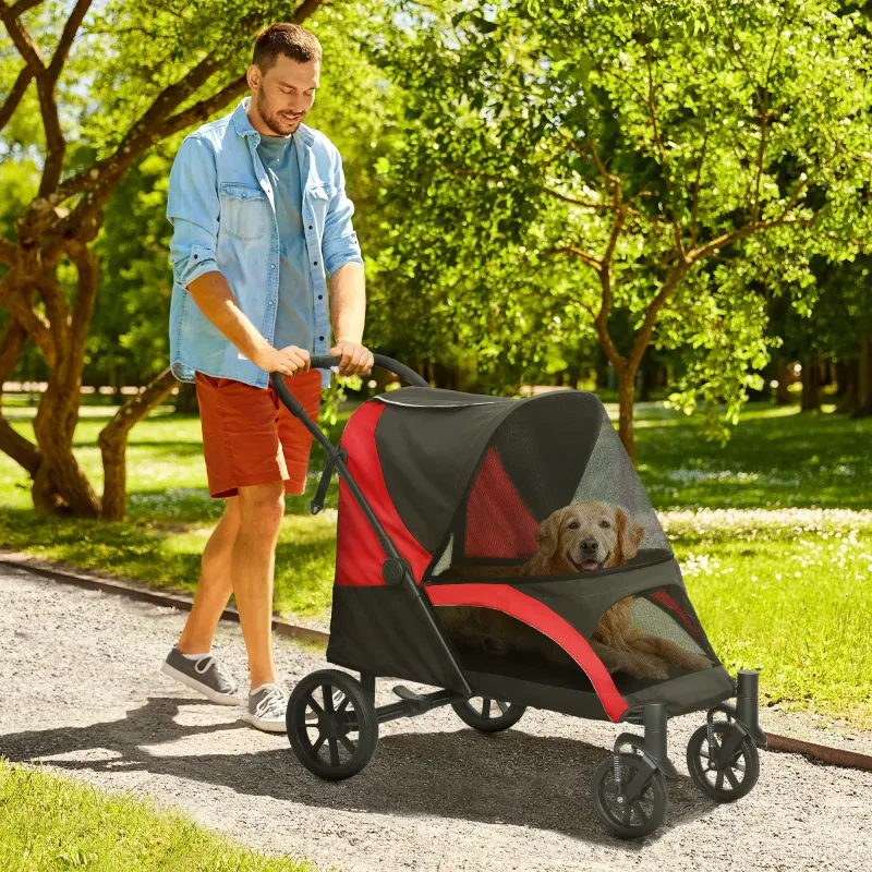 Hundebuggy, Hundewagen faltbar – für grosse Hunde, 4 Räder, Rot/Schwarz