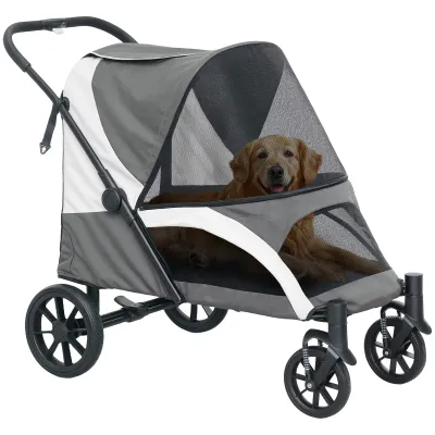 Hundewagen, Faltbarer Hundebuggy für grosse Hunde, Pet Stroller mit 4 Rädern, Sicherheitsleinen, Bremsen, dunkelgrau