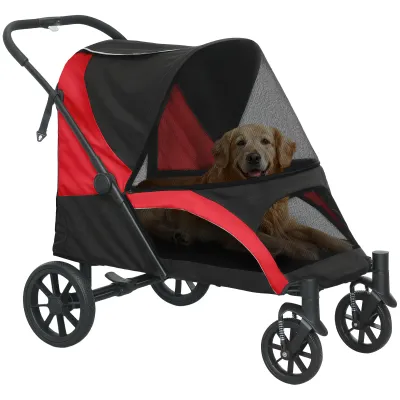 Hundewagen, Faltbarer Hundebuggy für grosse Hunde, Pet Stroller mit 4 Rädern, Sicherheitsleinen, Bremsen, rot-schwarz