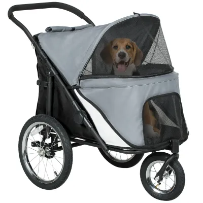 Hundewagen Hundebuggy bis 20 kg, 3 Räder mit leichtem Klappsystem, Grau