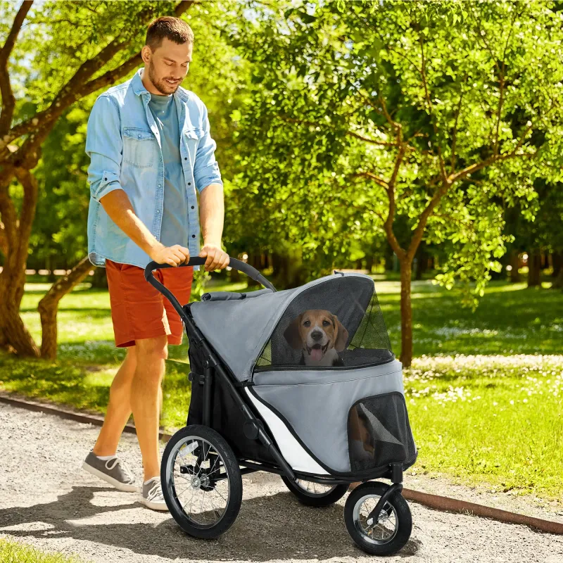 Hundewagen Hundebuggy 3 Räder – klappbar, bis 20kg, Kissen, Grau