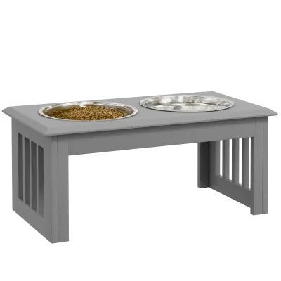 Hunde-Futterstation, 2 Edelstahlnäpfe, rutschfest, 58,4x30,5x25,4cm, Grau