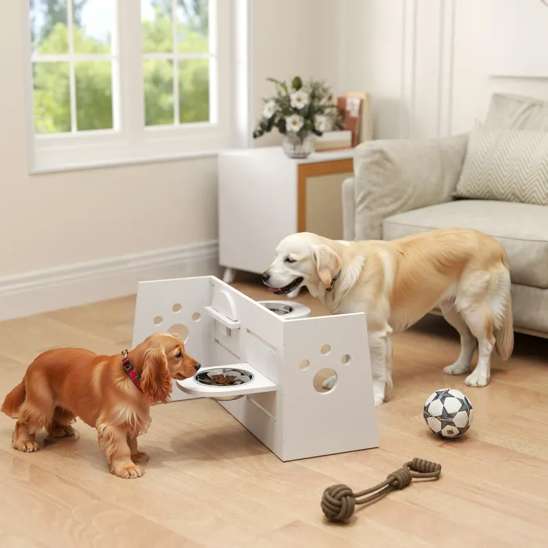 Hundefutternapf-Gestell – verstellbar, 2 Edelstahlschüsseln, Weiss