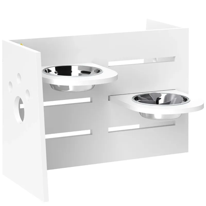 Hundefutter-Station verstellbare Futternäpfe mit separatem Design, 2 Edelstahlschüsseln, Anti-Schling-Einsatz, Weiss