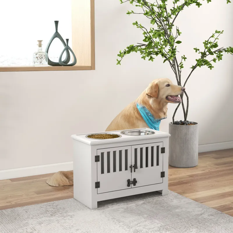 Erhöhte Futterstation – grosse Hunde, 2 Edelstahlnäpfe, Weiss
