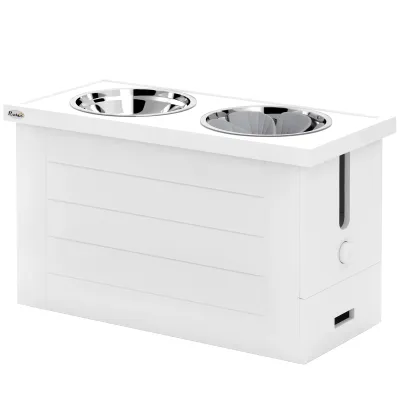 Erhöhte Futterstation mit Slow Feeder Matte, 3 Edelstahlnäpfe, Weiss