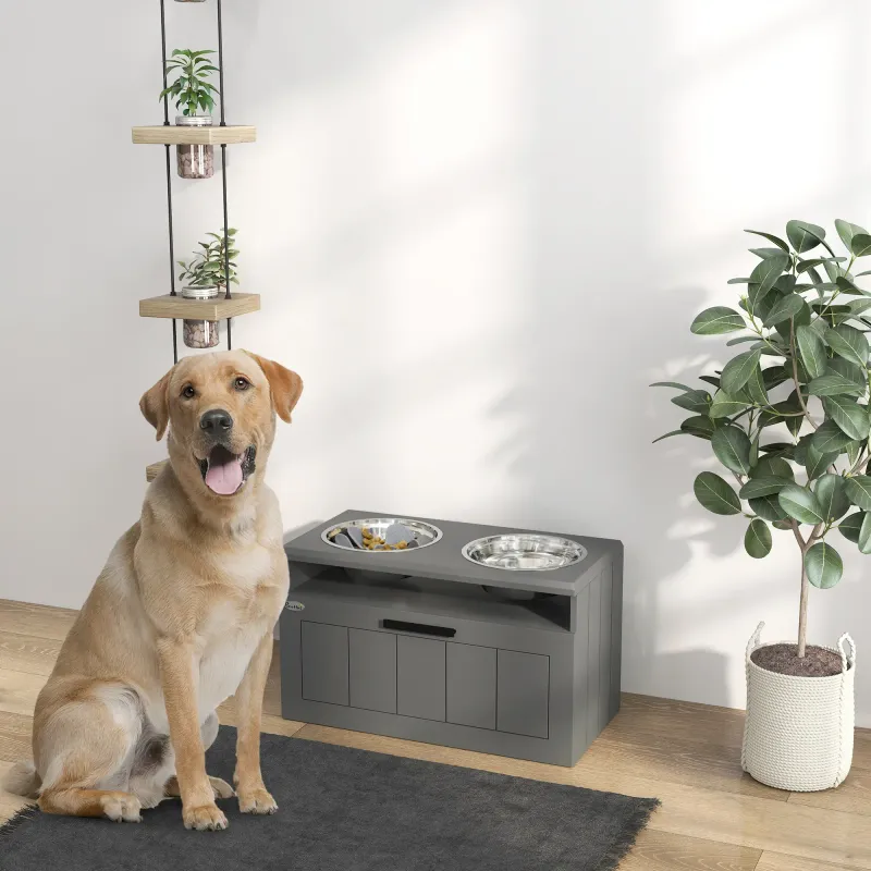 Futterstation grosse Hunde – 2 Edelstahlnäpfe, Schublade, Grau