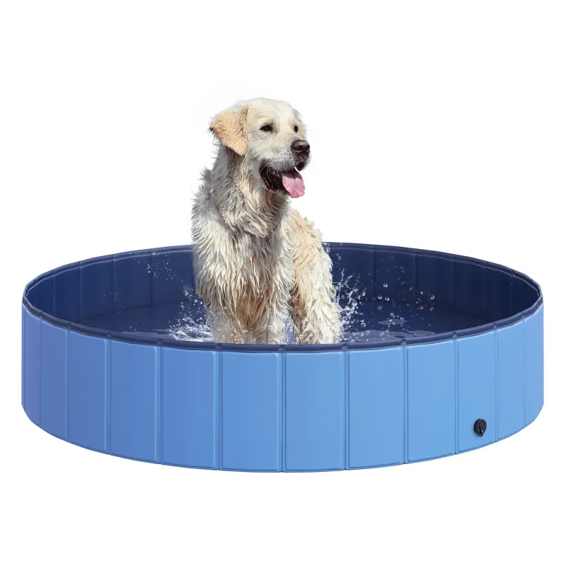 Hundebadewanne, Hundepool Planschbecken Swimmingpool Wasserbecken für Hunde Kunststoff+Holz Blau Ø140 x H30 cm
