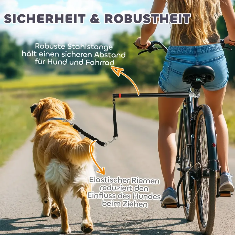 Velo-Fahhrad-Hundeleine – elastisches Seil, Stahlrohr, 124cm, Schwarz