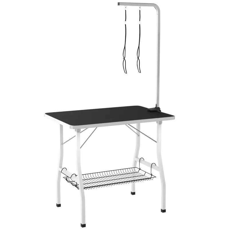Hundetrimmtisch, Grooming Table mit einstellbarem Arm, Aufbewahrungsfach, Gummioberfläche, 90 x 60 x 76 cm, Schwarz