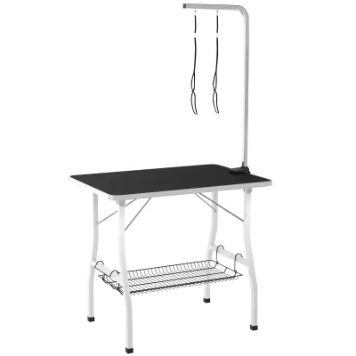 Hundetrimmtisch, Grooming Table mit einstellbarem Arm, Aufbewahrungsfach, Gummioberfläche, 90 x 60 x 76 cm, Schwarz