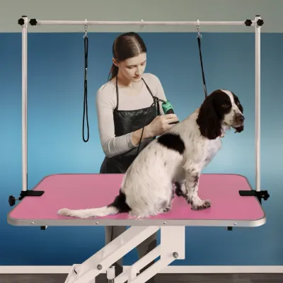 Hydraulischer Trimmtisch Pflegetisch Grooming Table Höhenverstellbar für grössere Haustiere weiss-rosa