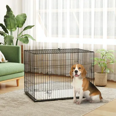 Hundekäfig Transportkäfig Hundebox faltbar (91x62x68cm) – 2 Türen, Schale, Kissen, Schwarz