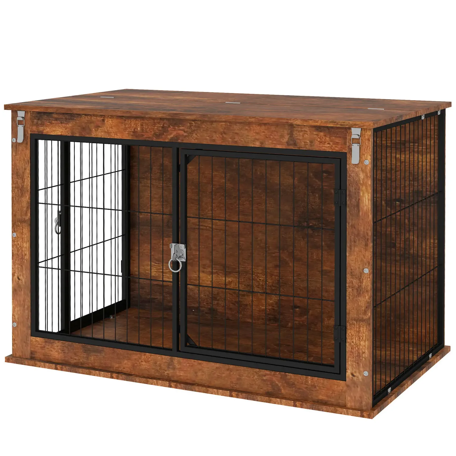 Hundebox, Transportbox für Hunde, Aufenthaltsbox, für Haustiere, 2 verschliessbare Türen, 98 x 60 x 65,5 cm, Braun