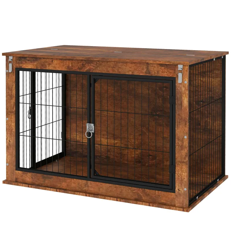 Hundebox, Transportbox für Hunde, Aufenthaltsbox, für Haustiere, 2 verschliessbare Türen, 98 x 60 x 65,5 cm, Braun