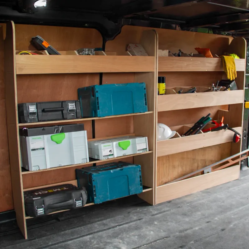 Ford Transit Custom Fahrzeugeinrichtung – Fächerregal + Werkzeugkasten, 12 mm Birkensperrholz, variabel, 136 x 102 x 30 cm
