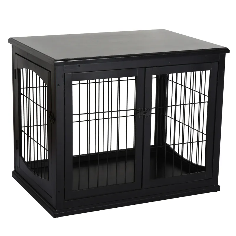 Heim-Hundebox für Zuhause 2 Türen Hundehütte Haustier MDF Metall Schwarz Hundekäfig