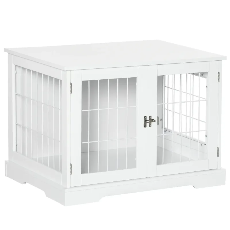 2 in  1 Heim-Hundebox, Hundekäfig &amp; Beistelltisch mit 2 verriegelbaren Türen - weiss