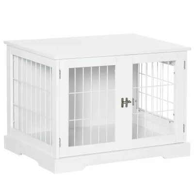 2 in  1 Heim-Hundebox, Hundekäfig &amp; Beistelltisch mit 2 verriegelbaren Türen - weiss