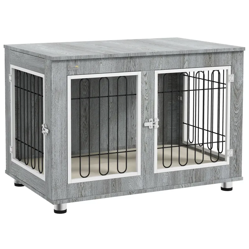 Hundebox, Hundekäfig waschbares Polster, 2 Verriegelungen, 90 cm x 58 cm x 65 cm, Grau