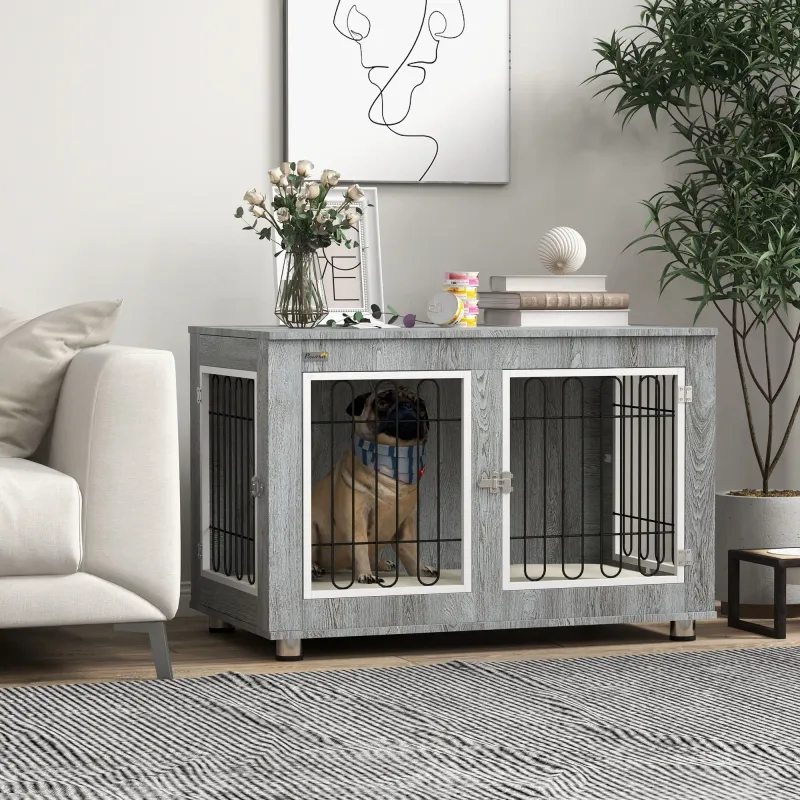 Heim-Hundebox (90x58x65cm) – waschbares Polster, 2 Verriegelungen, Grau