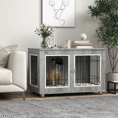 Heim-Hundebox (90x58x65cm) – waschbares Polster, 2 Verriegelungen, Grau