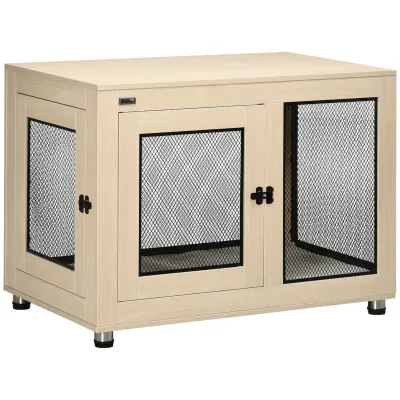 Heim-Hundebox, Modernes Design, verriegelbar, 2 Türen, 94 cm x 60 cm x 71,5 cm, Natur + Schwarz