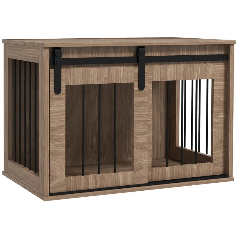 Hundebox, Hundehütte für innen mit Schiebetür, Metall Holzoptik