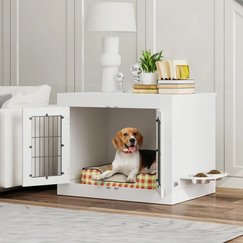 Hundebox, Hundekäfig Holz Weiss (80x60x63 cm) – Beistelltisch & Näpfe