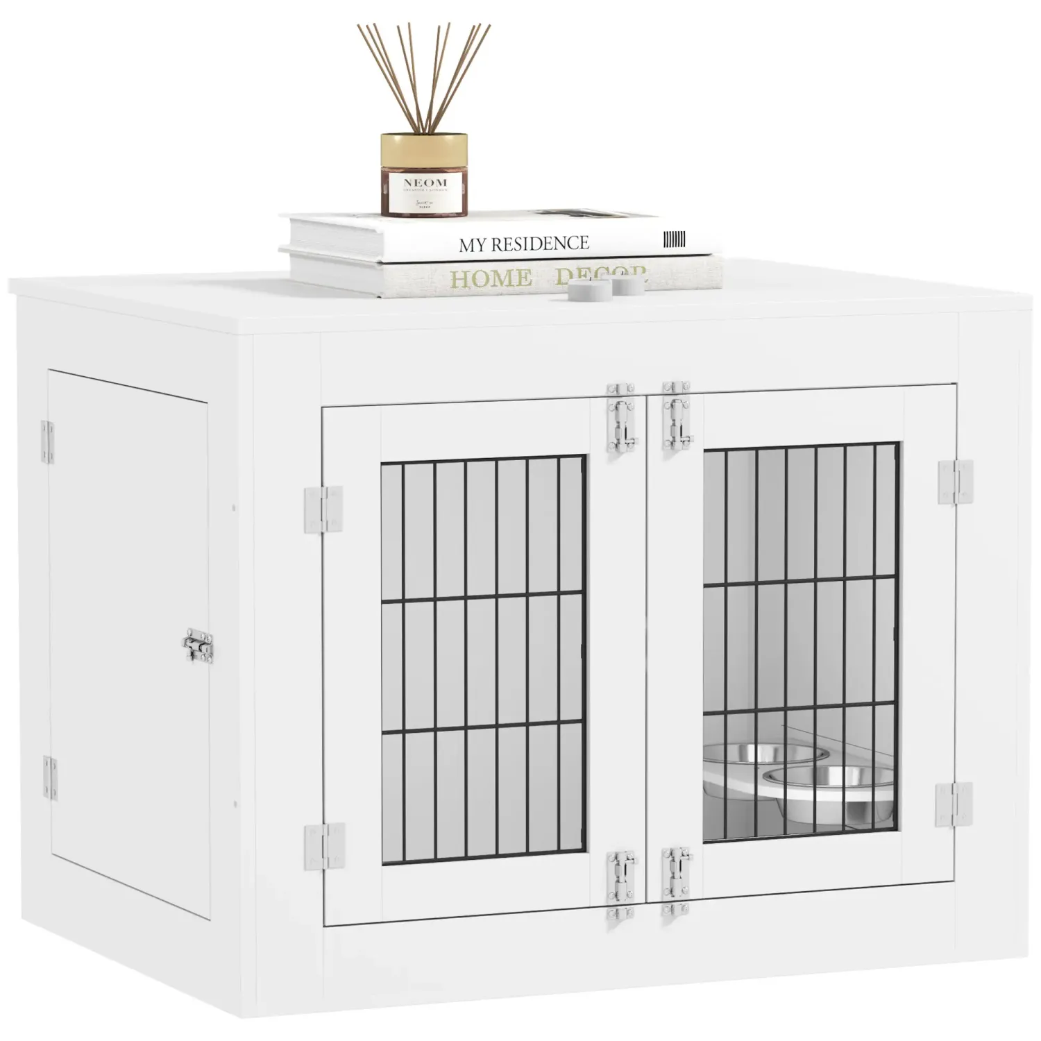 Hundebox, Hundehütte für den Innenbereich, Hundekäfig aus Holz, 2 drehbare 360° Näpfe, 2 Türen, mittelgroßer Hund, 80 x 60 x 63 cm weiss