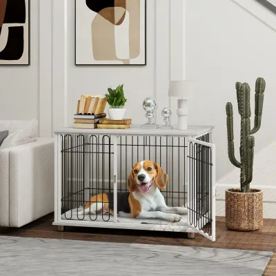 Hundebox, Hundekäfig Grau – Kissen, Belüftung &amp; Beistelltisch