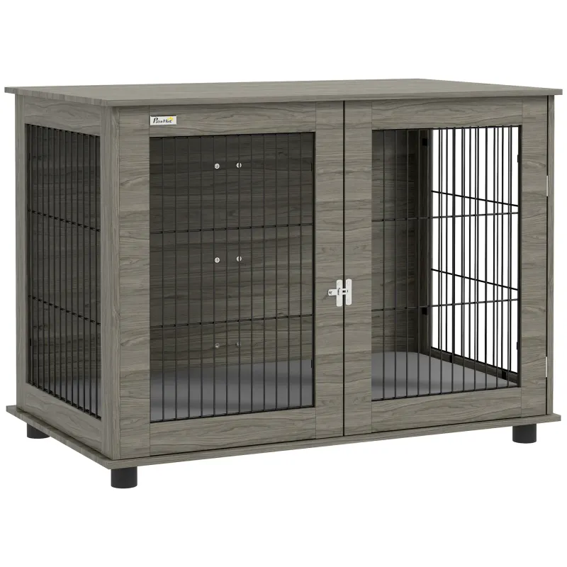 2 in 1 Hundebox, Hundekäfig Beistelltisch mit abnehmbarem Plüschkissen, verriegelbarer Tür in Grau